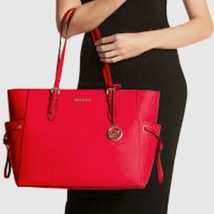 NWT Michael Kors Gilly Drawstring Large Top Zip Tote Red Saffiano Leather. New.